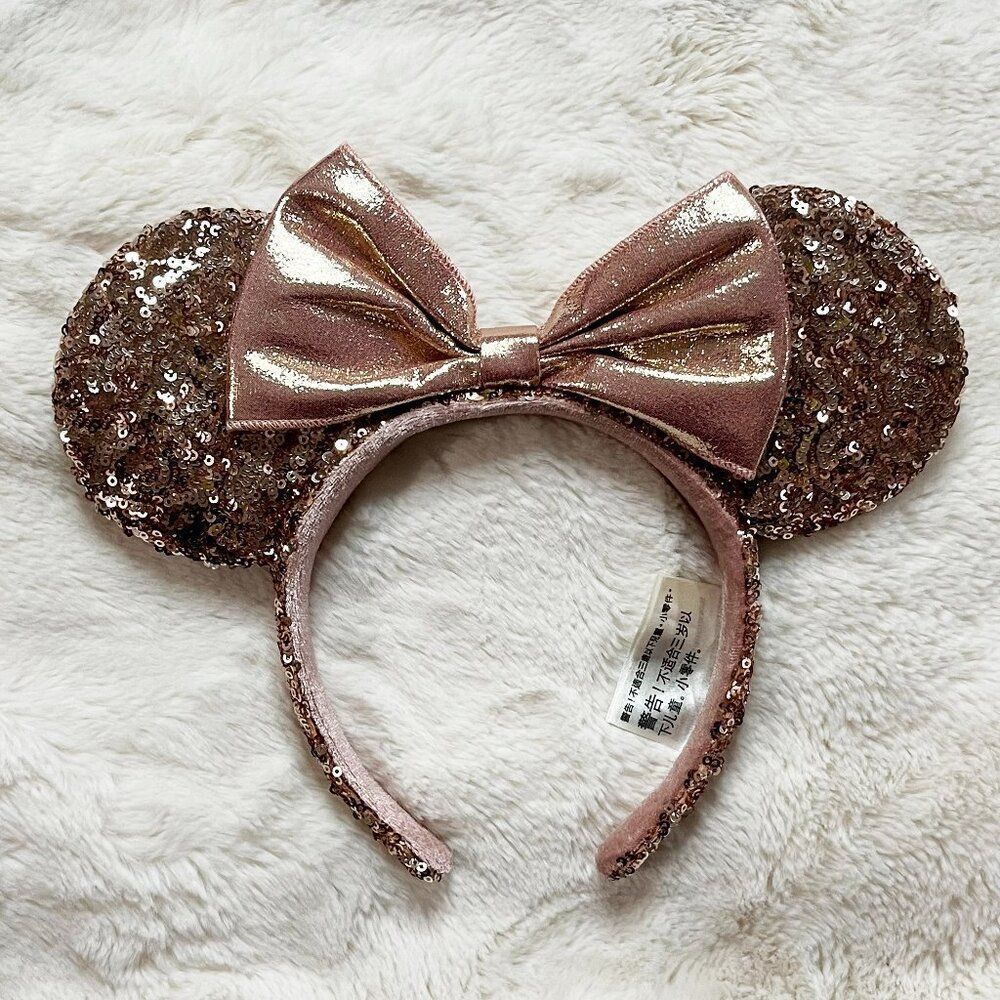 Disney Parks Minnie Mouse Ears Headband Rose Gold Sequin Champagne Sparkle‎ Bow